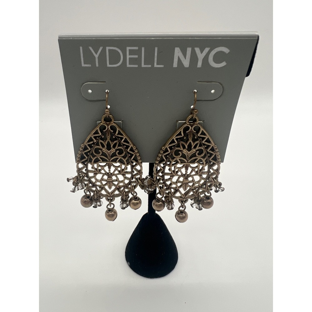 Lydell NYC Bronze Tone Filigree Chandelier Earrings Boho Teardrop Bead Accents